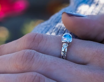 Moonstone Solar System Pattern Celestial Band with Diamonds Round Rainbow Moonstone AA grade 6mm cabochon