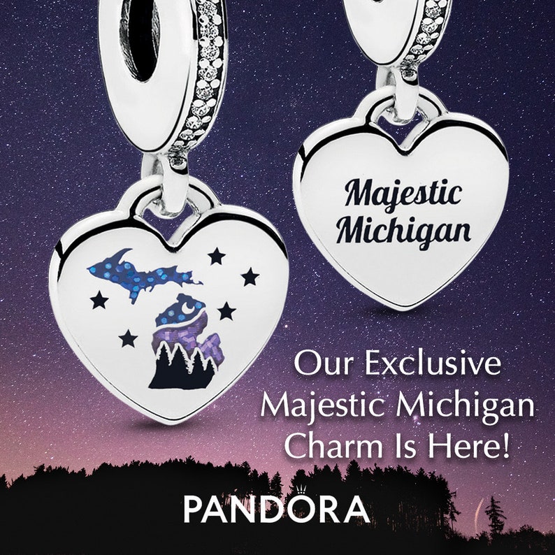 Majestic Michigan Silver PANDORA Heart Dangle Charm Purple Sunset Michigander gift image 1