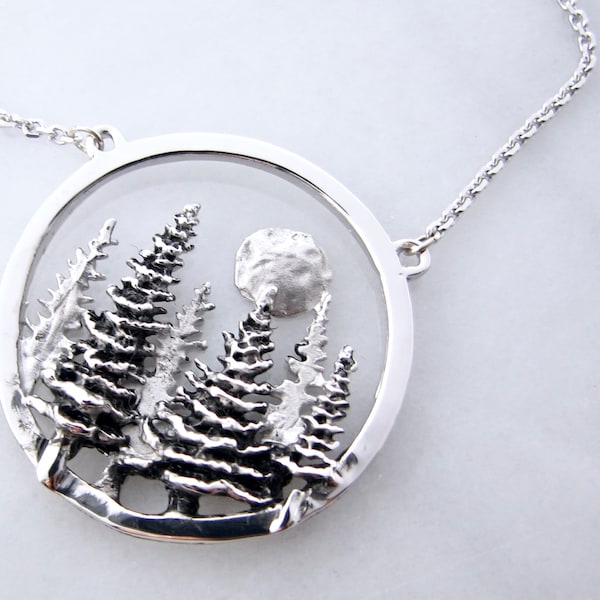 CUSTOM Listing Pine Forest Full Moon Landscape Pendant Sterling Split Chain Circle Necklace