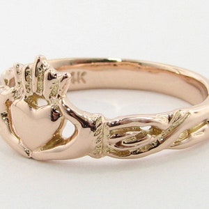 Rose Gold Claddagh Ring, Irish Wedding Band Friendship ring, Hands Heart and Crown 14k solid rose gold pink gold image 4