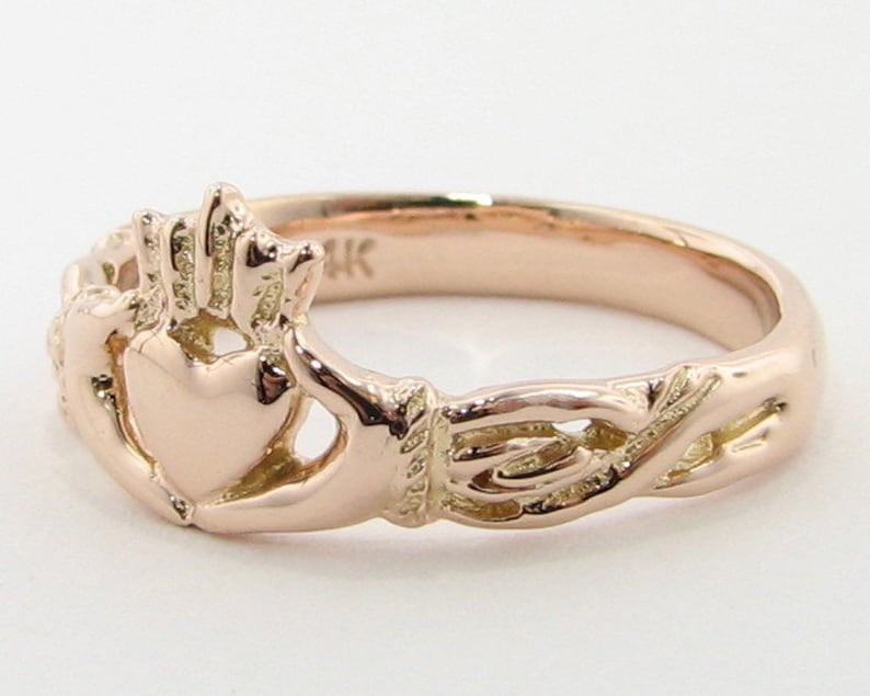 Rose Gold Claddagh Ring, Irish Wedding Band Friendship ring, Hands Heart and Crown 14k solid rose gold pink gold image 4