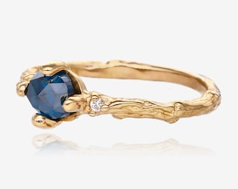 Blue Diamond Branch Band in 14k Yellow Gold Rose Cut oval