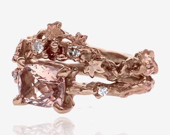 Enchanted Forest Morganite Leafy Wedding Set in 14k Rose Gold