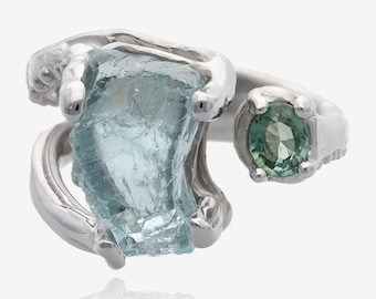 Castle in the Sky Ring Rough Aquamarine Faceted Green Sapphire Silver Raw Gem Open top band