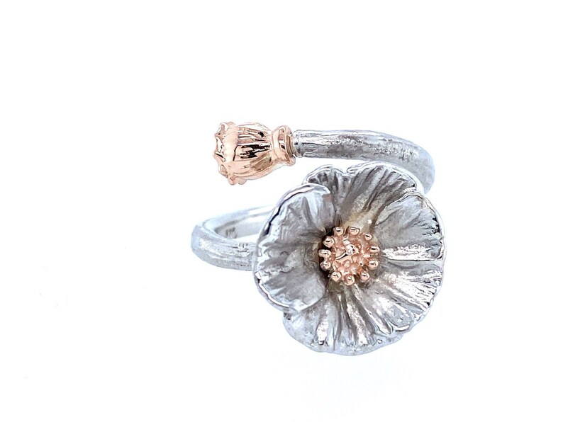 Poppy Wraparound ring Adjustable Silver and 14k Rose Gold