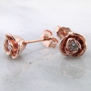 Diamond Rose Gold Stud Earrings, Petite Rosebud