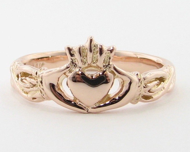 Rose Gold Claddagh Ring, Irish Wedding Band Friendship ring, Hands Heart and Crown 14k solid rose gold pink gold image 6