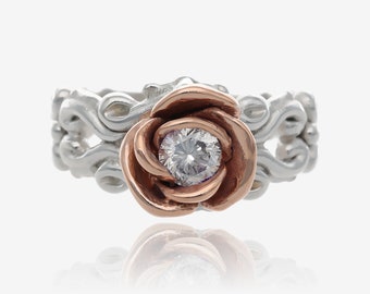 Two Tone Rose, White Gold Diamond Ring, Victorian a la Rose