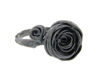 Black Ranunculus Petal Perfect Gothic Ring Blackened Silver