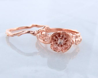 Rose Gold Small Poppy Bloom Wedding Set Engagement Ring with Rose Cut Diamond