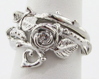 Thorned Rose Wedding Set, Silver & Diamond