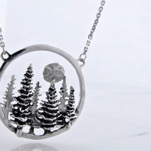 Pine Forest Full Moon Landscape Pendant Sterling Split Chain Circle ...