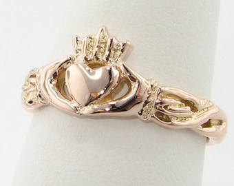 Rose Gold Claddagh Ring, Irish Wedding Band Friendship ring, Hands Heart and Crown 14k solid rose gold pink gold