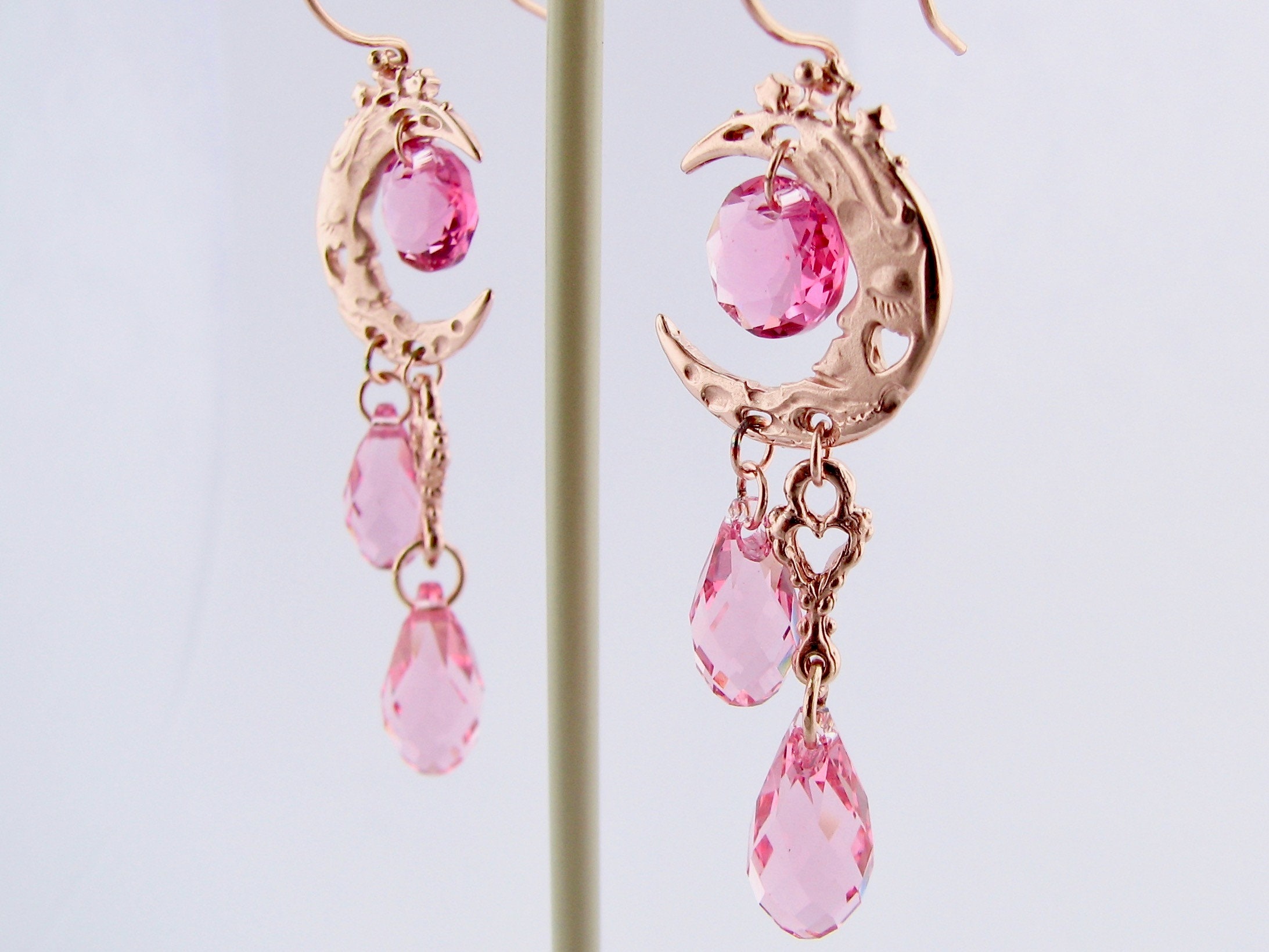 Rose Gold Crystal Dangle Earrings Pink Moon Celestial Etsy