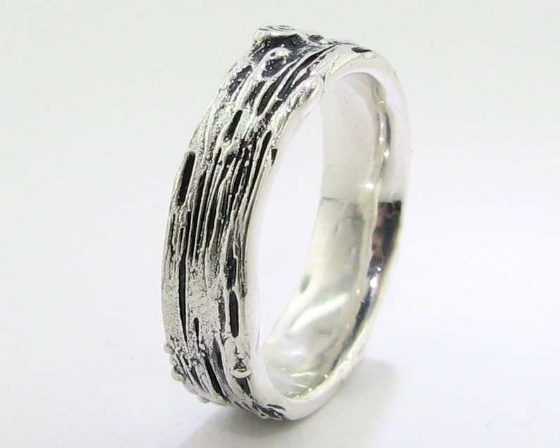 Medium Width Birch Band, Antiqued Silver Wedding Band Promise Ring Forest wedding, Engraving Available image 1