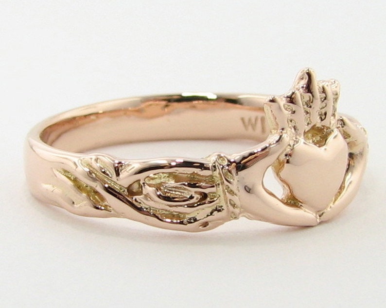 Rose Gold Claddagh Ring, Irish Wedding Band Friendship ring, Hands Heart and Crown 14k solid rose gold pink gold image 2