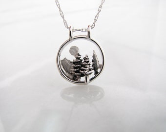 Silver Necklace Mini Landscape, Mountain Forest Tiny Pine Trees Full Moon