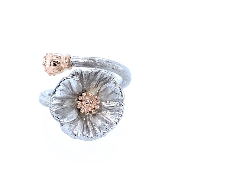 Poppy Wraparound ring Adjustable Silver and 14k Rose Gold