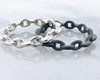 Black or White Silver Rustic Chain Link Band Thumb ring Wedding Band