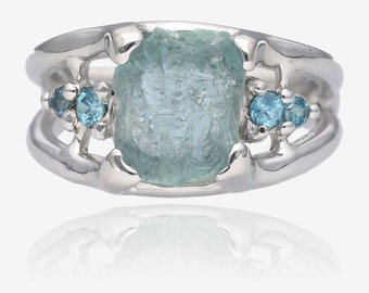 Got the Blues Rough Aquamarine and Blue Zircon Silver Ring