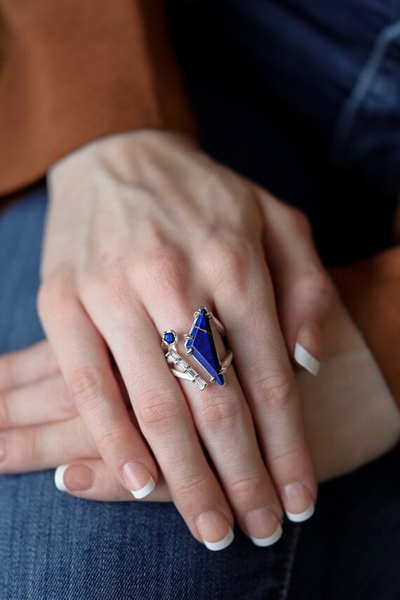 Lapis Lazuli Silver Open Top Ring With Sapphire and Diamonds UK