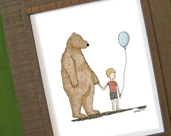 Bear Boy Balloon, digital illustration print, 8 x 10, children, nursery decor