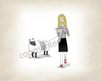 Sweater, digital illustration print, knitting and sheep, wool, yarn, knit