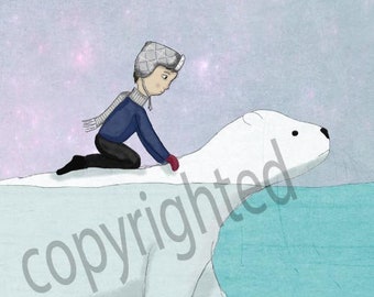 Safe Passage, digital illustration print, polar bear and boy, ice, snow, iceberg, arctic, adventure