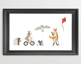 Fly a Kite, digital watercolor print, fox, owl, porcupine, rabbit, squirrel, bike, knitting, skateboard, kite