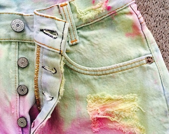 Vintage LEVIS Renewal Tie-Dye Denim High Waisted Shorts Pastel XS/S