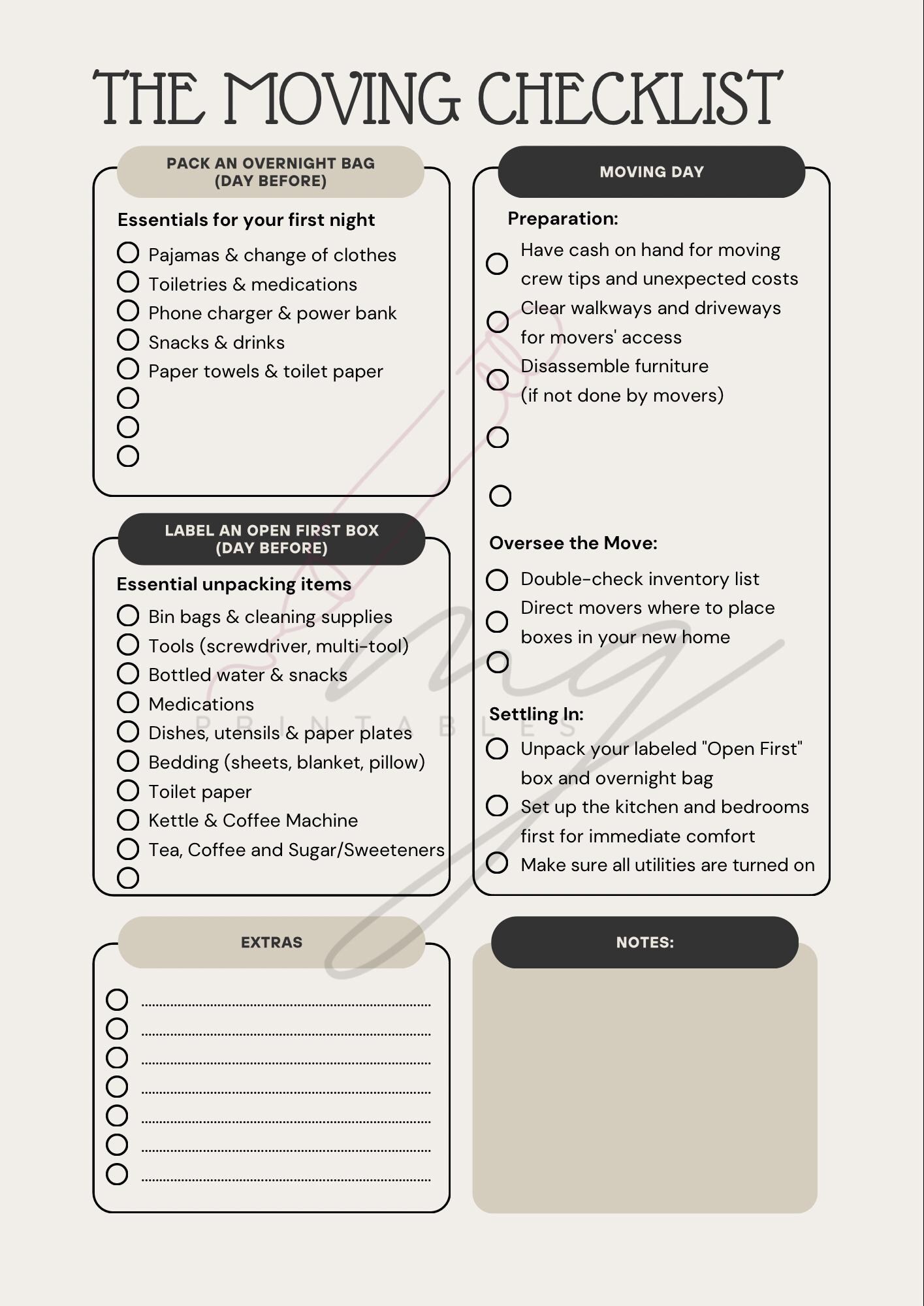 Printable House Moving Checklist for Moving Home Digital Download for ...