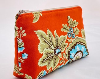 Small Persimmon Peacock Zip Bag for Storage, Travel, Cosmetics, Organization - Orange, Turquoise
