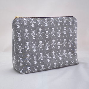 Skelly Large Zip Bag for Travel, Storage, Cosmetics, Organization - Gray Skeleton Fabric
