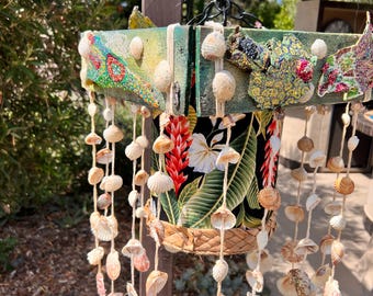 Hanging Lamp , four panel, shells, Tiki Bar, Tropical, Exotic Decor, Hawaiian, Polynesian, Home Decoration, Mid-Century