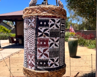 Marquesas Tapa cloth design and Bamboo Tiki Lamp & Shells, Tiki Bar, Tropical, Exotica, Hawaiian, Polynesian, Home Decor, Mid-Century Modern