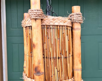 Grass Mat and Bamboo Tiki Lamp, Tiki Bar, Tropical, Exotica, Hawaiian, Polynesian, Home Decor, Mid-Century Modern