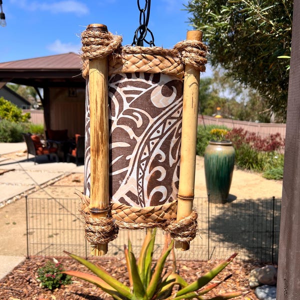 Bamboo Tiki Lamp: Tapa Cloth Design - Tropical Tiki Bar Decor