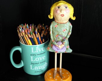 Papier Mache Doll Sculpture,Turquoise Flower Dress Art Doll,Folk Art Sculpture,Friendship Doll,Cute Girl Doll,Paper mache Art,Unique Gift