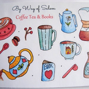 Coffee Tea Books Sticker Sheet, Coffee Stickers, Cute Cups Stickers, Coffee Tea,Book Lovers,Book Lover Stickers, Watercolor Coffee Tea Books image 6