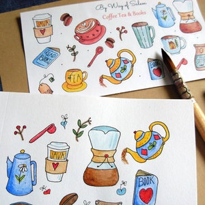 Coffee Tea Books Sticker Sheet, Coffee Stickers, Cute Cups Stickers, Coffee Tea,Book Lovers,Book Lover Stickers, Watercolor Coffee Tea Books image 4