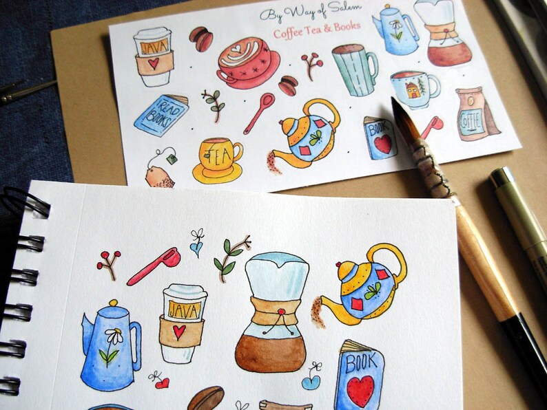 Coffee Tea Books Sticker Sheet, Coffee Stickers, Cute Cups Stickers, Coffee Tea,Book Lovers,Book Lover Stickers, Watercolor Coffee Tea Books image 4