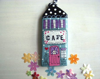 Tiny Cafe Ornament, Clay House Ornament, Tiny House Art, Tiny Shop, Tiny Cafe, Tiny Cafe Clay Art, Miniature Cafe, Handcrafted