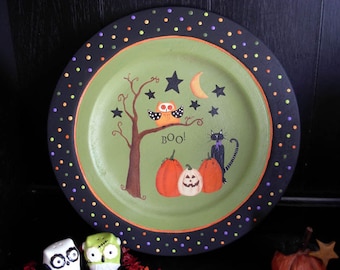 Owl with Pumpkin and Black Cat Fall Folk Art,  Halloween Wood Plate, Owl Painting, Fall Decor, Fall Art, Original Halloween Folk Art