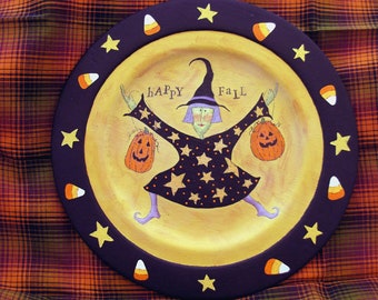 Whimsical Witch, Halloween Witch, Fall Art, Witch Art, Whimsical Witch, Witch & Pumpkin, Art, Wooden Plate, Whimsical Halloween Art