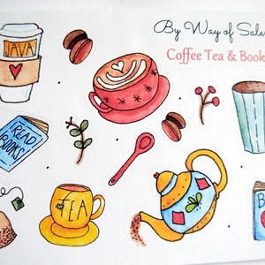 Coffee Tea Books Sticker Sheet, Coffee Stickers, Cute Cups Stickers, Coffee Tea,Book Lovers,Book Lover Stickers, Watercolor Coffee Tea Books image 3