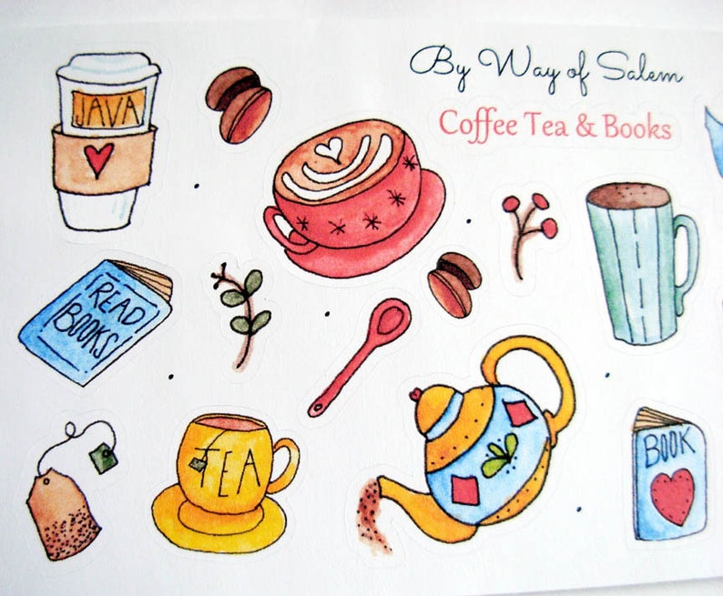 Coffee Tea Books Sticker Sheet, Coffee Stickers, Cute Cups Stickers, Coffee Tea,Book Lovers,Book Lover Stickers, Watercolor Coffee Tea Books image 3