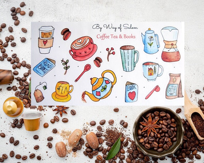 Coffee Tea Books Sticker Sheet, Coffee Stickers, Cute Cups Stickers, Coffee Tea,Book Lovers,Book Lover Stickers, Watercolor Coffee Tea Books image 1