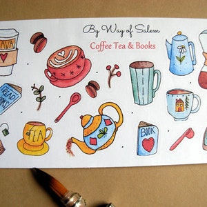 Coffee Tea Books Sticker Sheet, Coffee Stickers, Cute Cups Stickers, Coffee Tea,Book Lovers,Book Lover Stickers, Watercolor Coffee Tea Books image 5