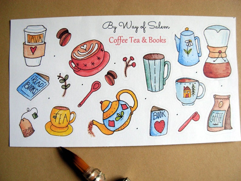 Coffee Tea Books Sticker Sheet, Coffee Stickers, Cute Cups Stickers, Coffee Tea,Book Lovers,Book Lover Stickers, Watercolor Coffee Tea Books image 5