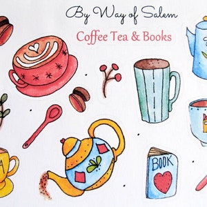 Coffee Tea Books Sticker Sheet, Coffee Stickers, Cute Cups Stickers, Coffee Tea,Book Lovers,Book Lover Stickers, Watercolor Coffee Tea Books image 2